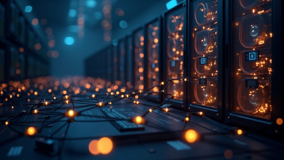 Equipos de minería de bitcoin realistas conectados por líneas luminosas que ilustran la red de código abierto de MiningOS en un sitio de energías renovables.