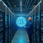 Granja de minería de Bitcoin fotorrealista con un ingeniero viendo un panel de control transparente de MiningOS y hardware modular.