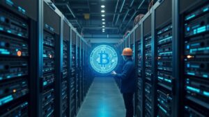Granja de minería de Bitcoin fotorrealista con un ingeniero viendo un panel de control transparente de MiningOS y hardware modular.