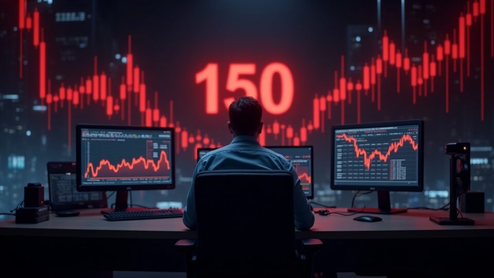 Escena fotorrealista en una sala de redacción: analista solitario mientras Monero cae a 150, con velas rojas y pantallas de datos que destacan el riesgo.