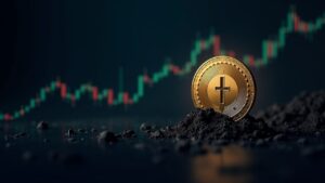 Imagen de encabezado realista: moneda Monero sobre un gráfico de precios digital que muestra un cruce de la muerte inminente, estilo de sala de redacción.