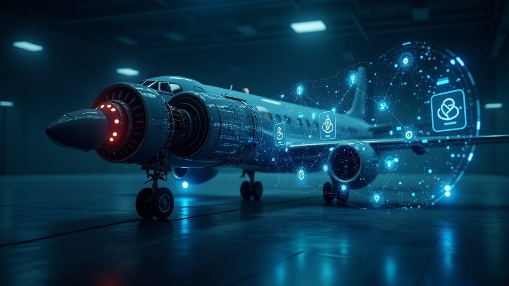 Motor a reacción fotorrealista con tokens cripto y un registro de la cadena de bloques, que ilustra activos aeronáuticos en cadena.