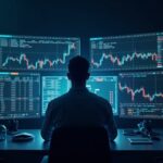 Operador institucional en un escritorio futurista negociando FX y criptomonedas en una pantalla unificada con un motivo de blockchain