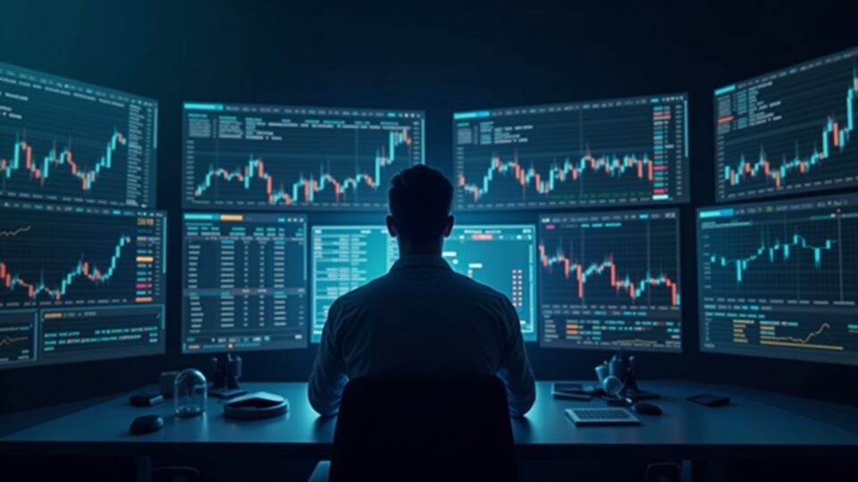 Operador institucional en un escritorio futurista negociando FX y criptomonedas en una pantalla unificada con un motivo de blockchain