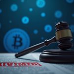 Escritorio fotorrealista con el logo de Paxful, mazo, sello criminal rojo, iconos azules de Bitcoin, iluminación de sala de redacción.