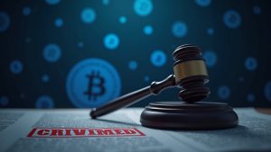 Escritorio fotorrealista con el logo de Paxful, mazo, sello criminal rojo, iconos azules de Bitcoin, iluminación de sala de redacción.