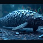 Ballena realista del token PEPE que se eleva sobre una sala de trading de criptomonedas, con un gráfico de caída que insinúa recuperación.