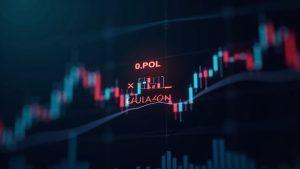 Acercamiento fotorrealista del gráfico de precio de POL cerca de 0.095 con superposiciones y un brillo sutil que señala una ruptura incierta.