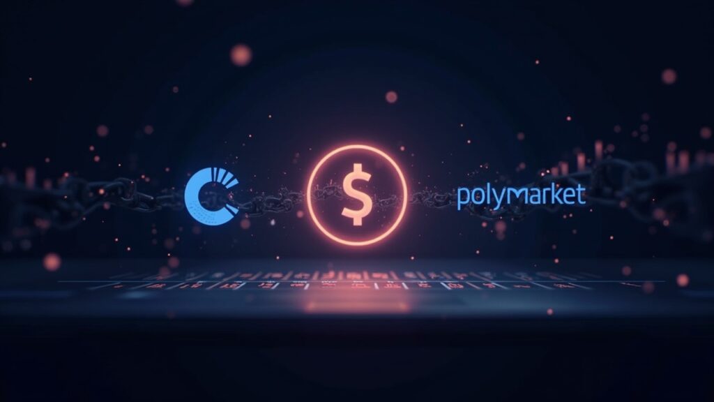 Mesa de trading hiperrealista con logotipos brillantes de native USDC, Circle y Polymarket, simbolizando la liquidación on‑chain.