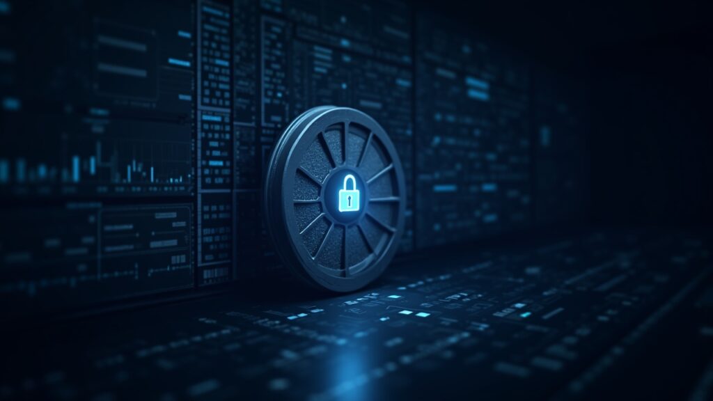 Encabezado fotorrealista: bóveda segura en cadena en Stellar con hashes verificables y gráficos para la custodia de derivados institucionales.