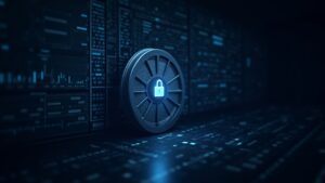 Encabezado fotorrealista: bóveda segura en cadena en Stellar con hashes verificables y gráficos para la custodia de derivados institucionales.