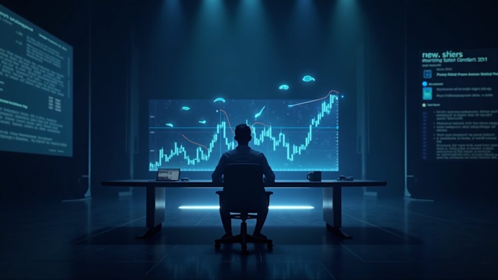 Un analista de criptomonedas en un escritorio elegante examina un gráfico holográfico de Cardano con iconos de ballenas en una sala de redacción moderna.