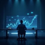 Un analista de criptomonedas en un escritorio elegante examina un gráfico holográfico de Cardano con iconos de ballenas en una sala de redacción moderna.