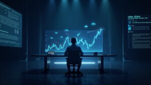 Un analista de criptomonedas en un escritorio elegante examina un gráfico holográfico de Cardano con iconos de ballenas en una sala de redacción moderna.