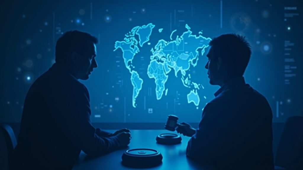 Silueta de un banquero central junto a un holograma brillante de cadena de bloques, con papeles FOIA y un mazo, bajo iluminación azul de sala de prensa.