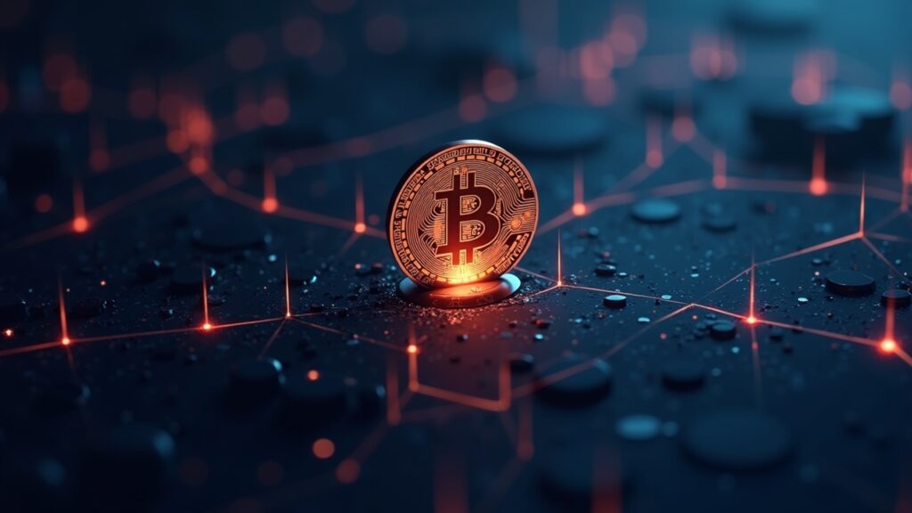 Bitcoin fotorrealista con token RGB USDT y emblema del CTDG Dev Hub, separados por divisores sutiles.