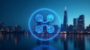 Logotipo fotorrealista de Ripple con mapa de la UE, sello del CSSF de Luxemburgo y horizonte fintech, señalando claridad regulatoria y adopción.