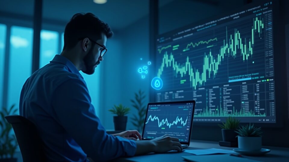 Operador institucional fotorrealista en una oficina moderna con gráficos holográficos de derivados y Ripple Prime–Hyperliquid.