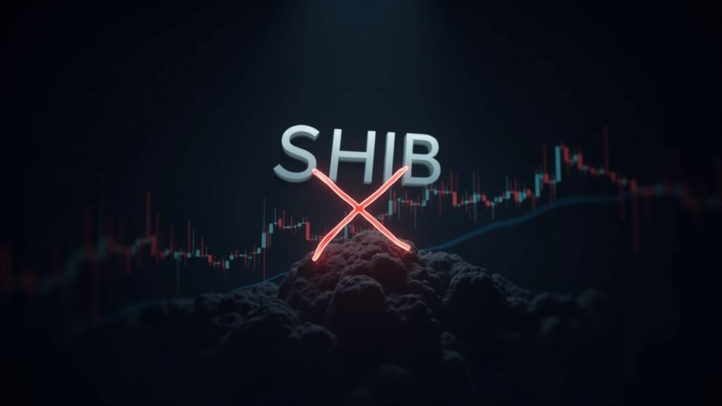 Logotipo de SHIB con un gráfico de precios en colapso y un cruce de la muerte resaltado sobre un fondo de cadena de bloques