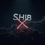 Logotipo de SHIB con un gráfico de precios en colapso y un cruce de la muerte resaltado sobre un fondo de cadena de bloques