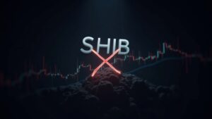 Logotipo de SHIB con un gráfico de precios en colapso y un cruce de la muerte resaltado sobre un fondo de cadena de bloques