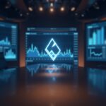 Logotipo de Solana sobre un luminoso escritorio de redacción con una gran pantalla que muestra el precio de $67 a $100 y métricas on-chain.