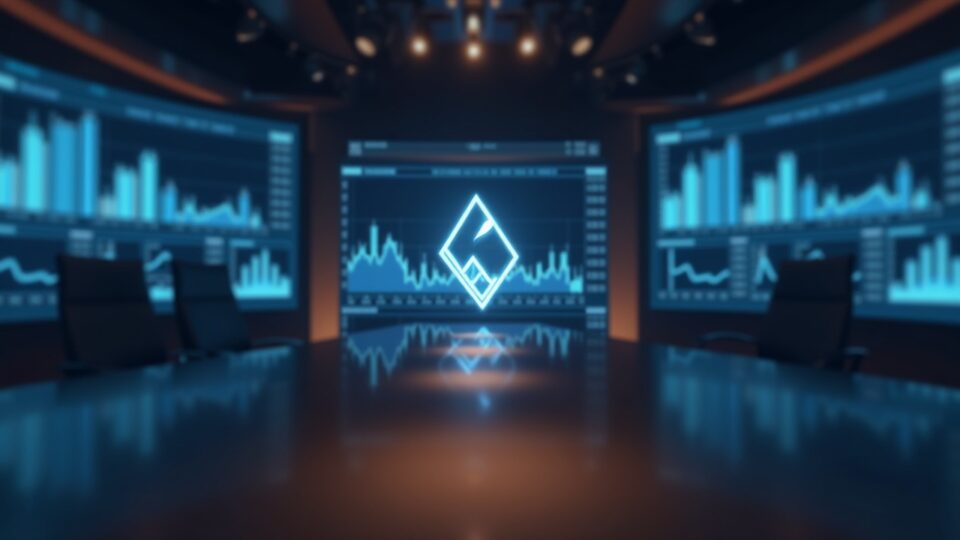 Logotipo de Solana sobre un luminoso escritorio de redacción con una gran pantalla que muestra el precio de $67 a $100 y métricas on-chain.