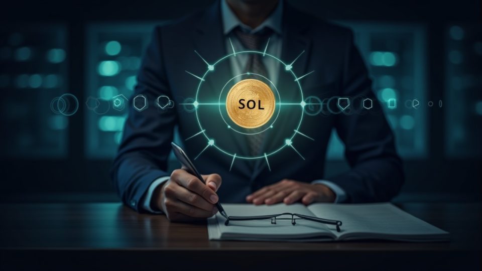 Encabezado fotorrealista: escritorio ejecutivo con un token SOL holográfico sobre una bóveda de custodia segura y nodos de blockchain.