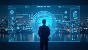 Gestor de nómina fotorrealista con un tablero holográfico que muestra stablecoins a billeteras no custodiadas, Reino Unido y la UE