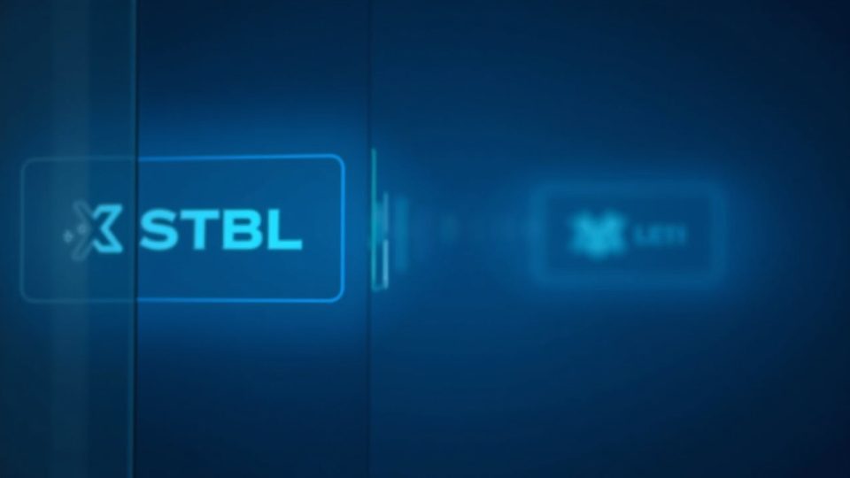 Escena fotorrealista de activos del mundo real tokenizados detrás de un vidrio, con los logotipos de STBL y X Layer.