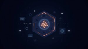 Emblema fotorrealista de Stellar sobre una cuadrícula de blockchain luminosa, precio por debajo de 0.20, barras en cadena en aumento.