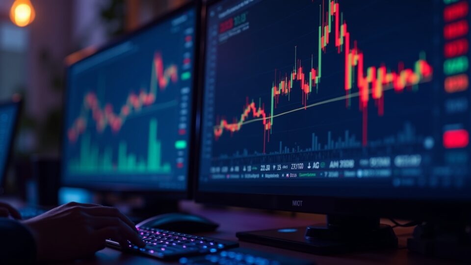 Primer plano fotorrealista de una mesa de trading cripto con tasa de financiación negativa de ETH y un gráfico bajista alrededor de $2,110, iluminado con neón