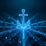 Centro futurista con un ancla segura que fusiona hebras de blockchain luminosas, señalando la interoperabilidad de USDt0 y las vías de liquidación.
