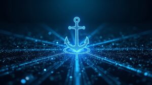 Centro futurista con un ancla segura que fusiona hebras de blockchain luminosas, señalando la interoperabilidad de USDt0 y las vías de liquidación.