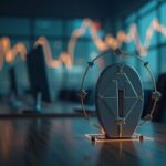 Oficina cripto fotorrealista con un imponente logotipo de Tether y gráficos de recaudación de fondos en descenso, que señalan escrutinio.
