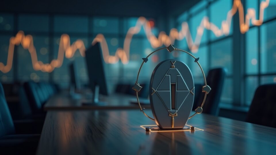 Oficina cripto fotorrealista con un imponente logotipo de Tether y gráficos de recaudación de fondos en descenso, que señalan escrutinio.