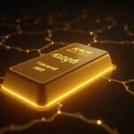 Profesional de negocios junto a una barra de oro brillante con una superposición de circuito blockchain, ilustrando el puente de oro tokenizado XAU₮.