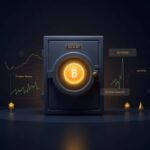 Bóveda fotorrealista con un token USDT luminoso, gráficos de mercado en alza, una línea de paridad de $1 y pequeños iconos regulatorios.
