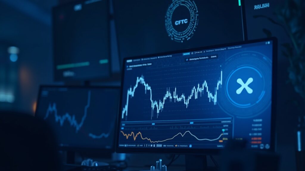 Mesa de negociación fotorrealista con el símbolo de Tezos (XTZ) en una pantalla, un gráfico de futuros en USD y un sello de la CFTC bajo una iluminación azul fría.