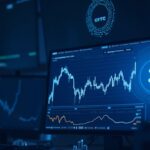 Mesa de negociación fotorrealista con el símbolo de Tezos (XTZ) en una pantalla, un gráfico de futuros en USD y un sello de la CFTC bajo una iluminación azul fría.