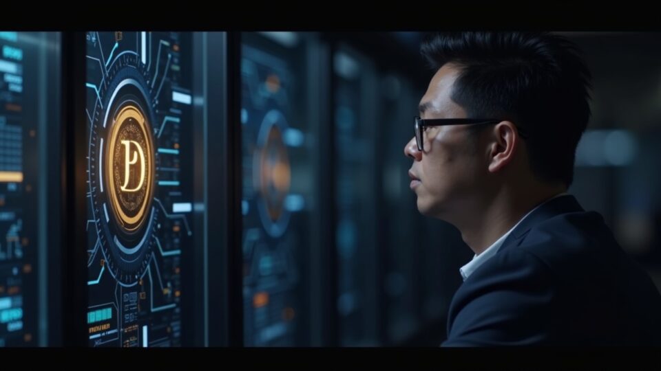 Encabezado fotorrealista de sala de redacción: ejecutivo junto a una bóveda de Bitcoin de 15,000 BTC y circuitos de IA.