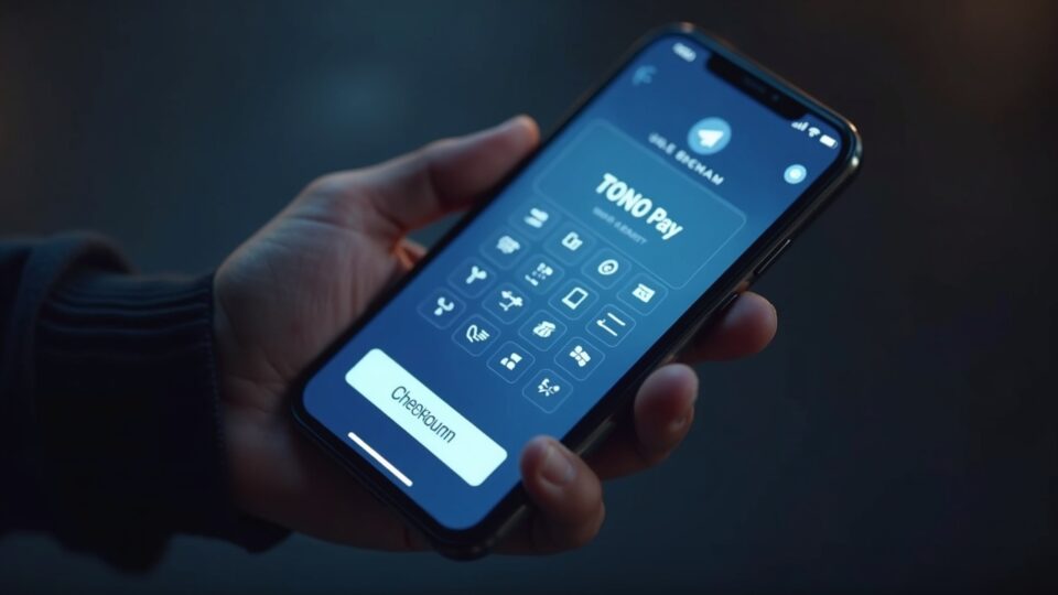 Interfaz fotorrealista de Telegram en un teléfono inteligente que muestra el proceso de pago de TON Pay con íconos de monedas TON y una iluminación fintech elegante
