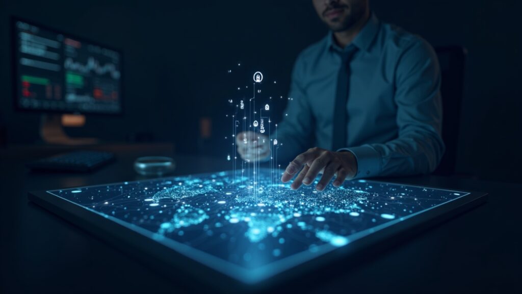 Trader fotorrealista en un escritorio elegante que observa un mapa holográfico brillante de una red intercadena junto al logotipo de Terminal.