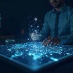 Trader fotorrealista en un escritorio elegante que observa un mapa holográfico brillante de una red intercadena junto al logotipo de Terminal.