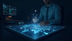 Trader fotorrealista en un escritorio elegante que observa un mapa holográfico brillante de una red intercadena junto al logotipo de Terminal.