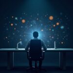 Operador fotorrealista en un escritorio elegante con un panel holográfico que muestra cotizaciones de acciones y tokens cripto fusionándose.