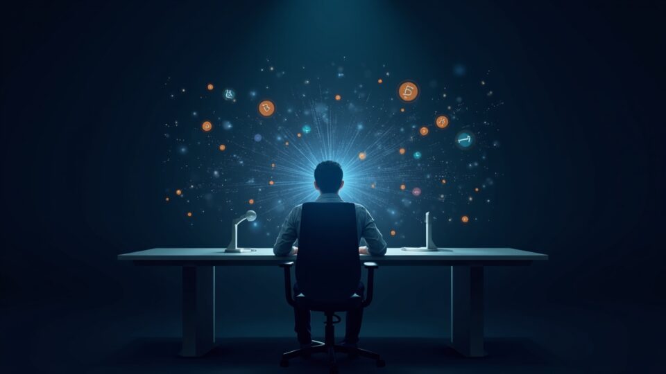 Operador fotorrealista en un escritorio elegante con un panel holográfico que muestra cotizaciones de acciones y tokens cripto fusionándose.