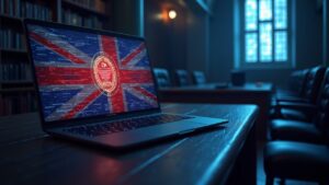 Escena fotorrealista de una sala del tribunal con un banner digital sobre criptomonedas, la bandera del UK, el emblema de la FCA y HTX en una pantalla