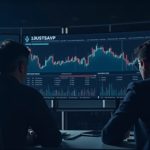 Analista fotorrealista en una sala de redacción moderna observa un gráfico del repunte del precio de UNI con el logotipo de BlackRock BUIDL y visuales en la cadena.