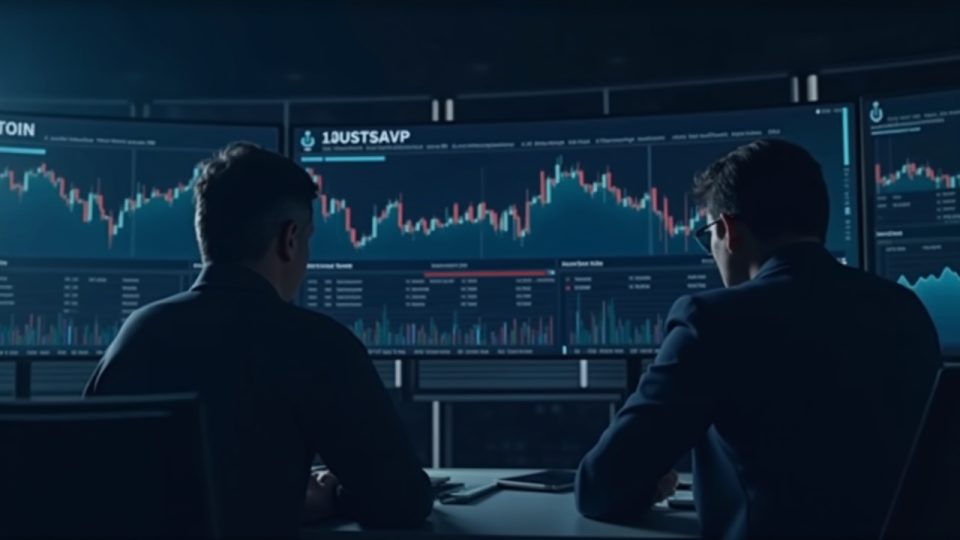 Analista fotorrealista en una sala de redacción moderna observa un gráfico del repunte del precio de UNI con el logotipo de BlackRock BUIDL y visuales en la cadena.